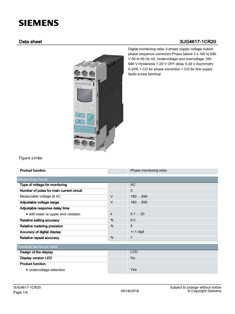 Datasheet 3ug46171cr20 - Supervisor de Fase Siemens | PDF | Alternating ...