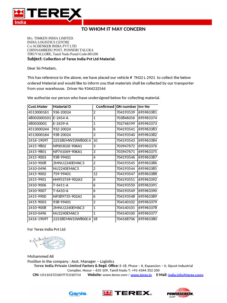 TEREX AUTHORISATION LETTER-timken | PDF
