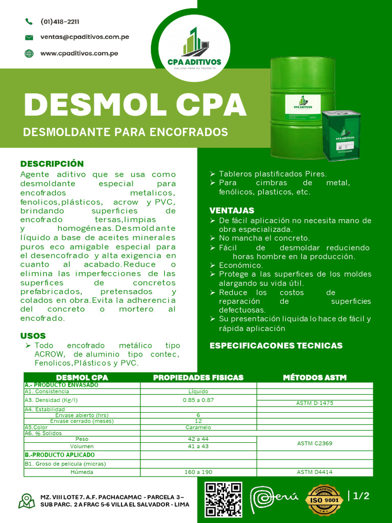 Desmoldante Líquido para Encofrados CPA | PDF | Hormigón | Sustancias ...
