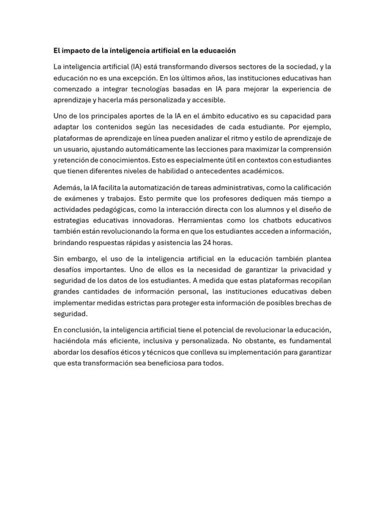 El impacto de la inteligencia artificial en la educación | PDF