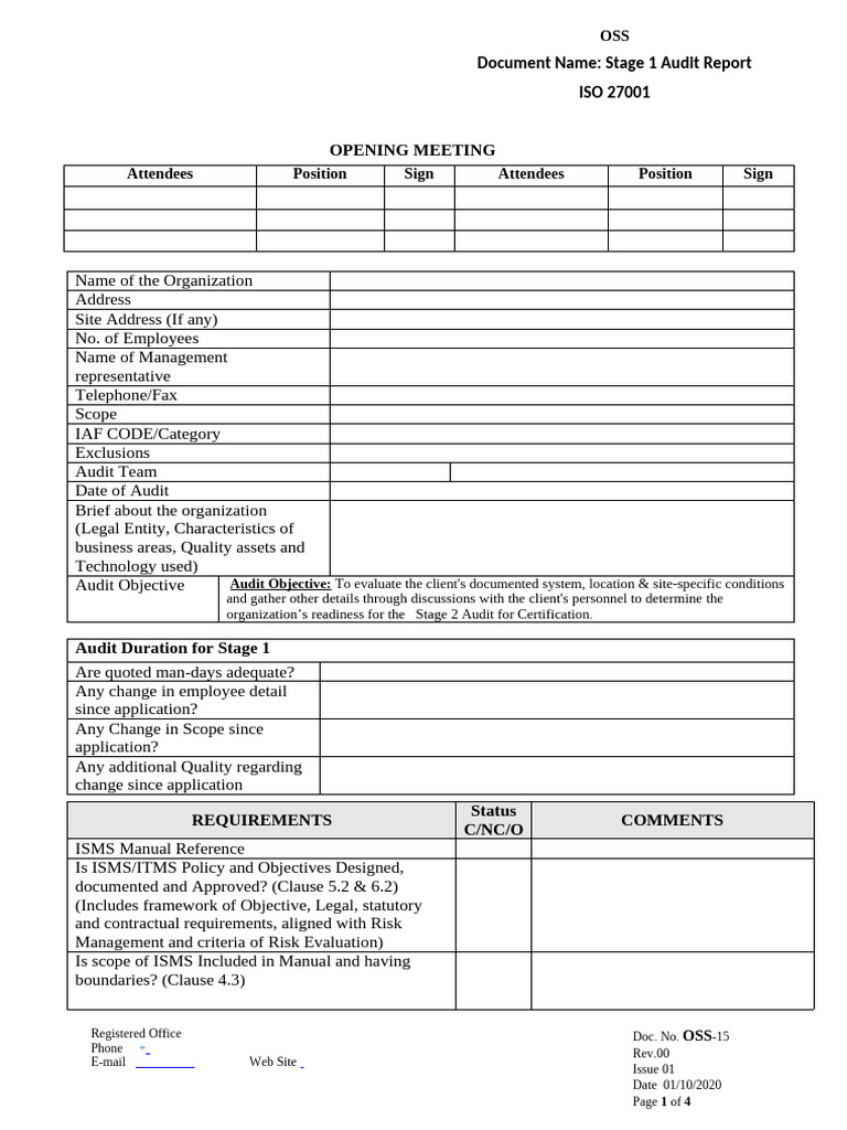 ISO 27001 Stage 1 Audit Report | PDF | Auditor's Report | Audit