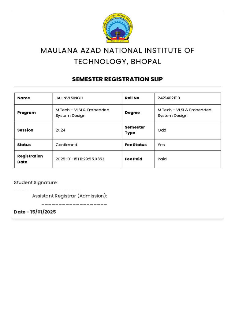 M.Tech VLSI Registration Slip 2024 | PDF