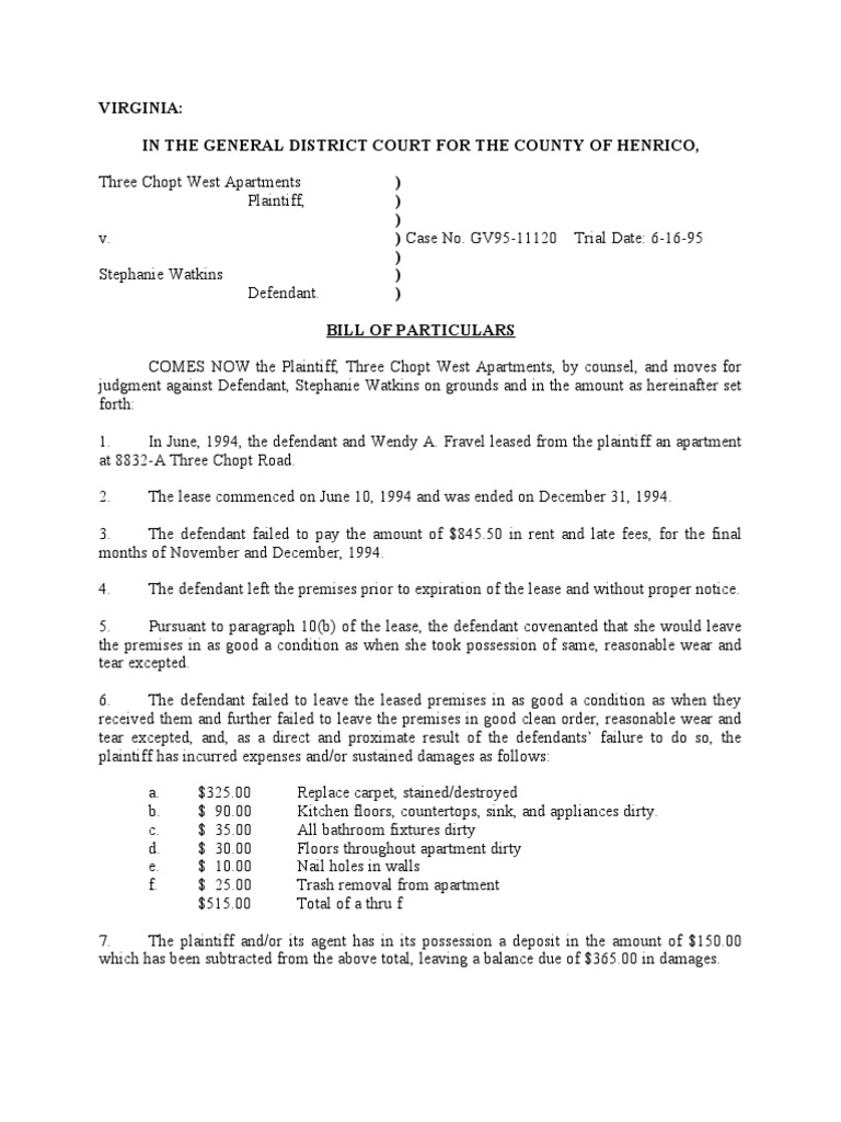 Bill of particulars lease apartment