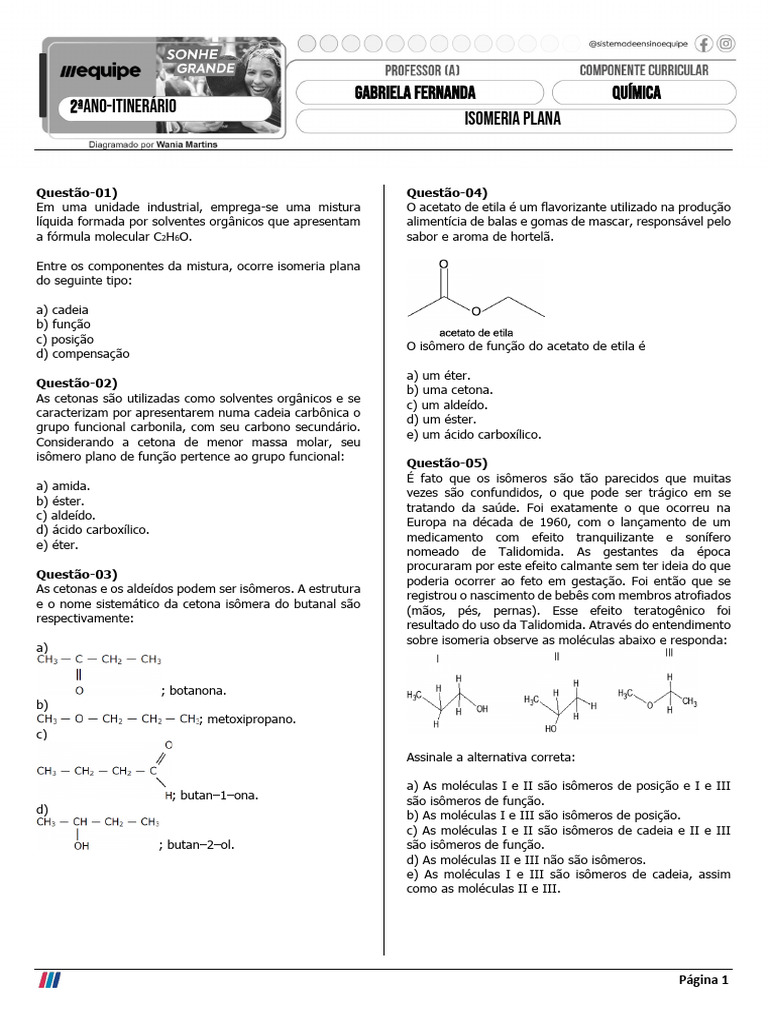 Isomeria Plana: Questões e Respostas | PDF | Isômero | Química