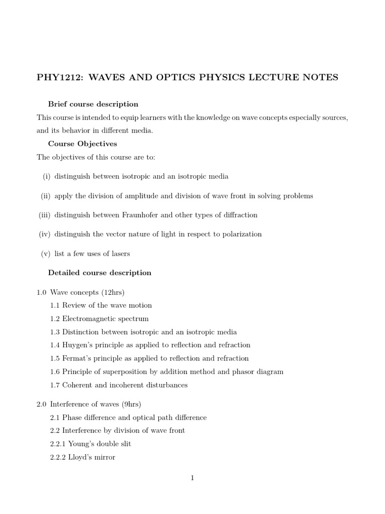 Waves and Optics Physics Lecture Notes | PDF | Diffraction | Optics