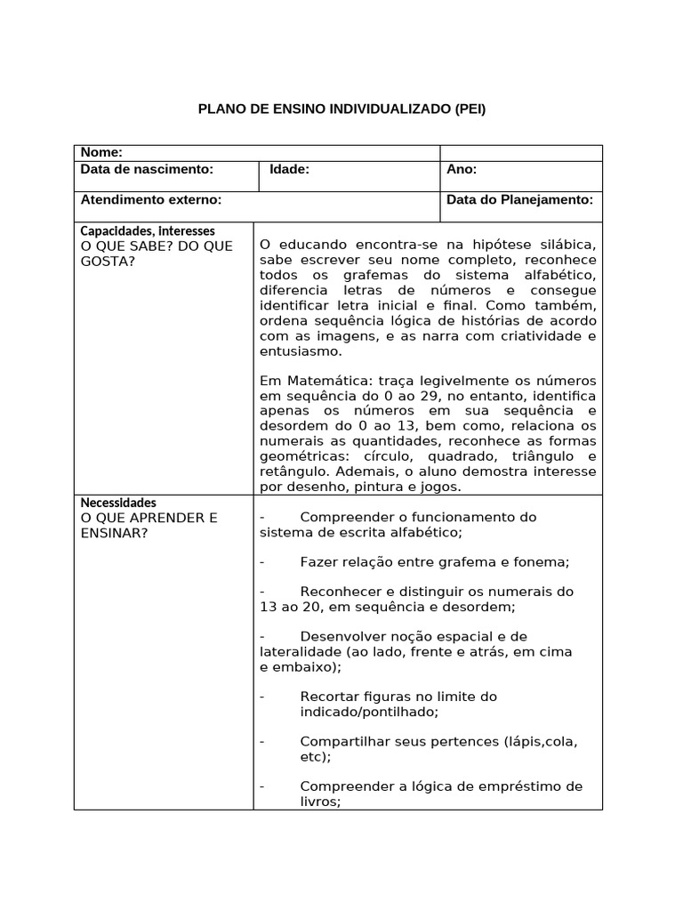 Plano de Ensino Individualizado (PEI) | PDF | Pedagogia | Alfabetização
