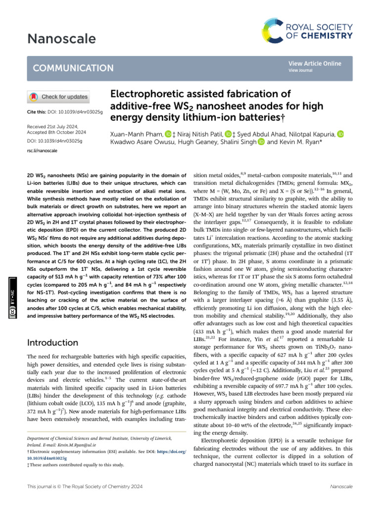 Additive-Free WS2 Anodes for LIBs | PDF | Lithium Ion Battery ...