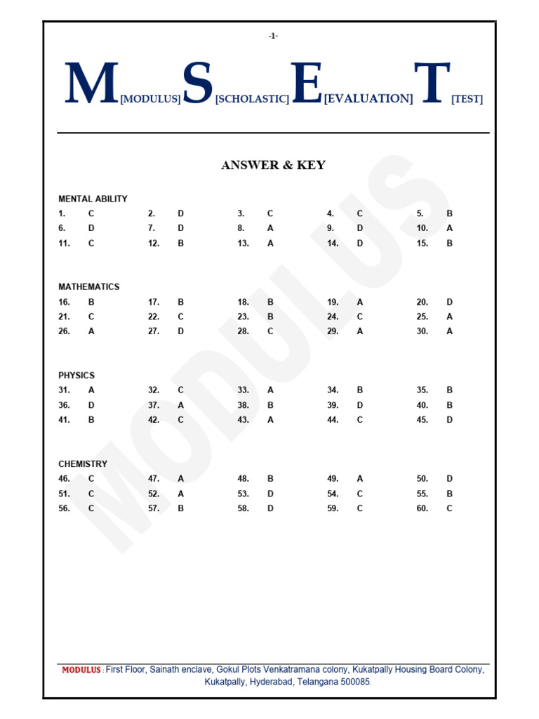 MSET Exam Answer Key and Solutions | PDF
