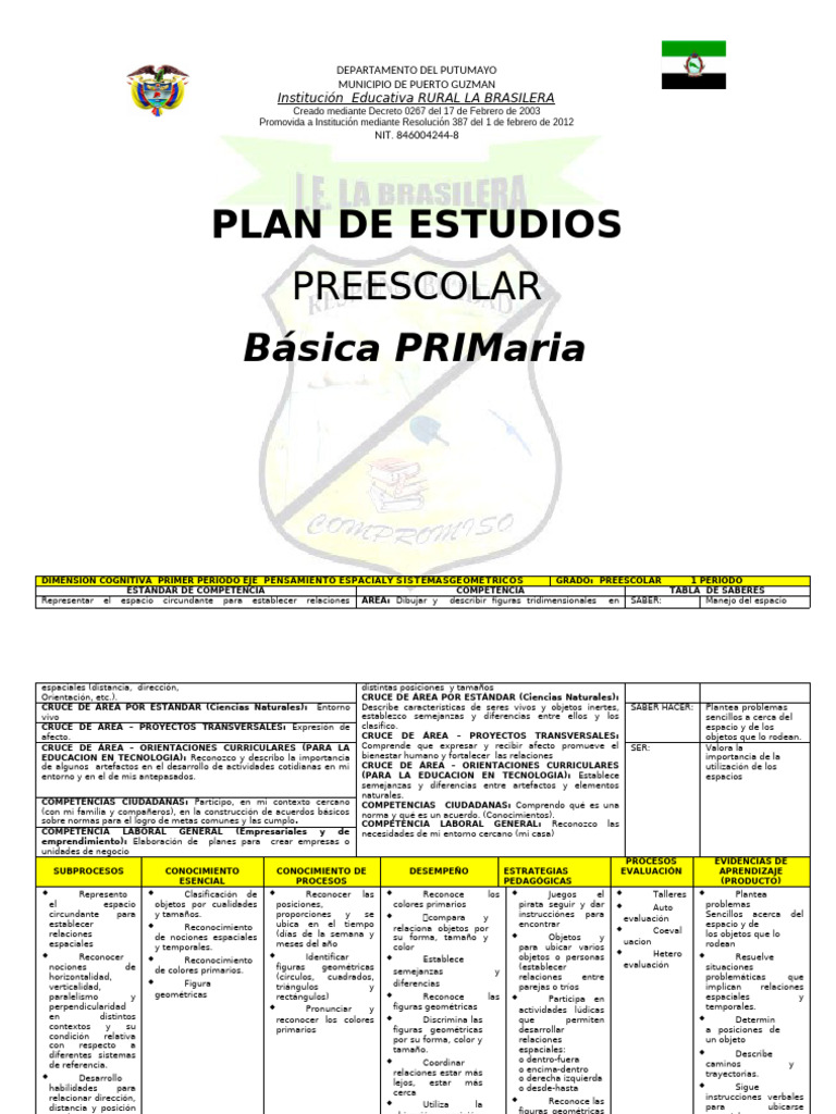 Plan de Estudios Preescolar Putumayo | PDF | Educación de la primera ...