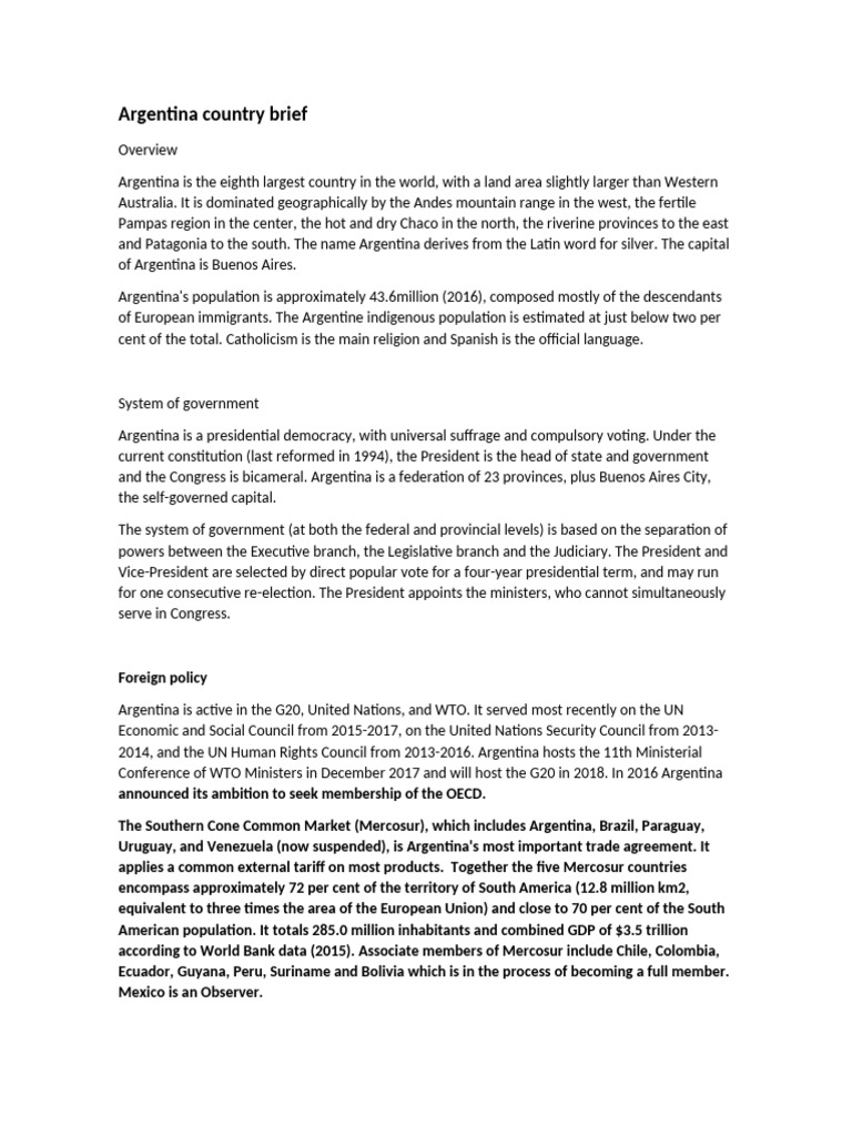 Argentina Country Overview and Government | PDF | Argentina | Economies