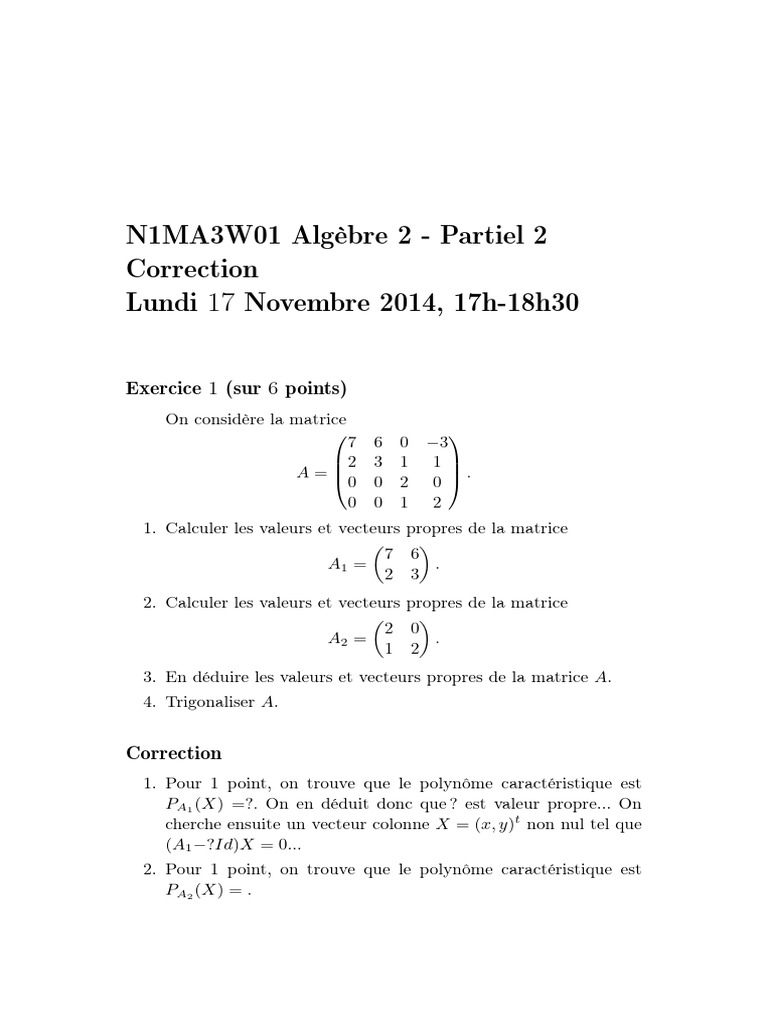 Correction Partiel Algèbre 2 - Matrices et Formes | PDF | Matrice ...