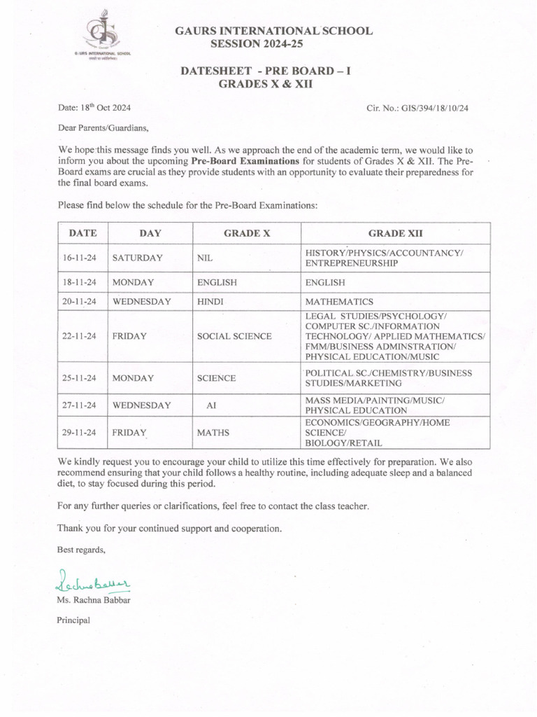 Datesheet Pre Board Grade X and Xii | PDF