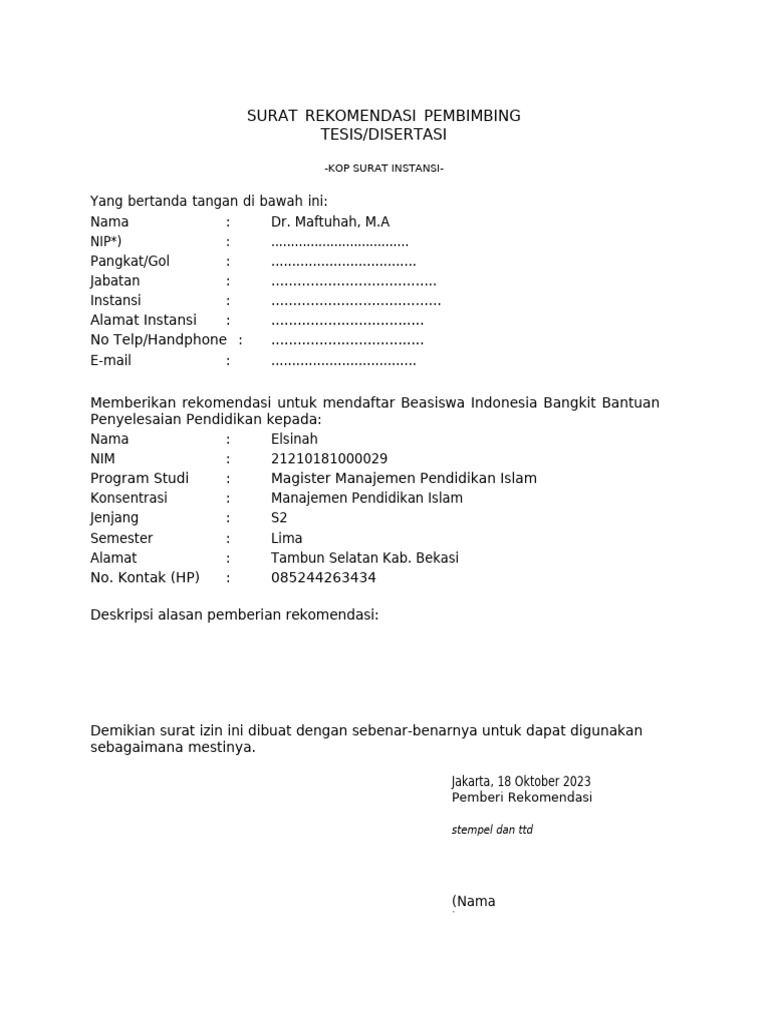 Surat Rekomendasi Beasiswa S2 | PDF