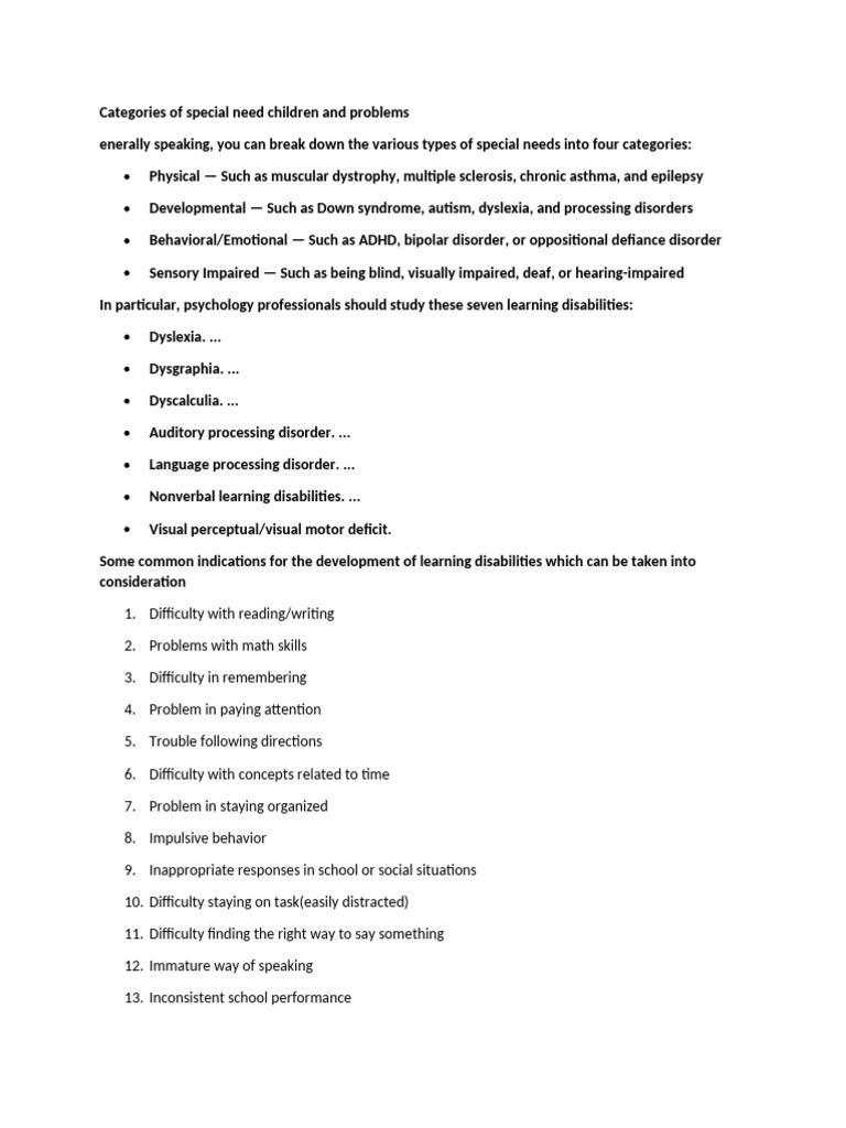 Types of Special Needs in Children | PDF | Learning Disability | Autism ...