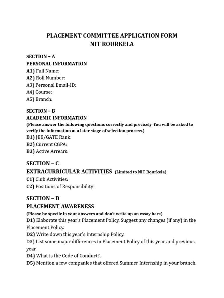 NIT Rourkela Placement Committee Form 2025 | PDF | Chess | Chess Theory