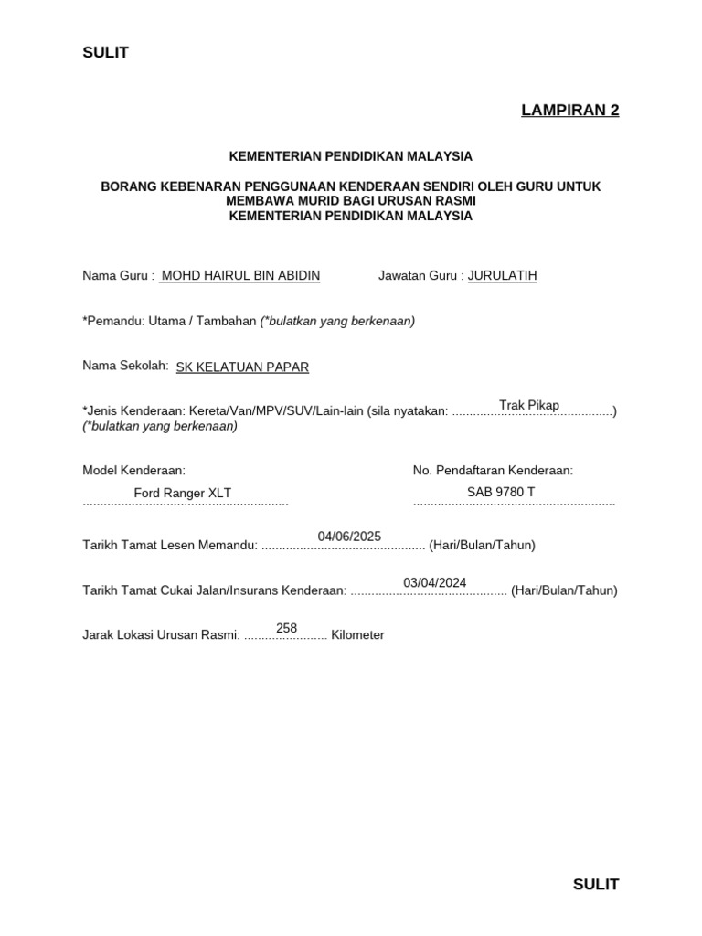 Borang Kebenaran Penggunaan Kenderaan | PDF