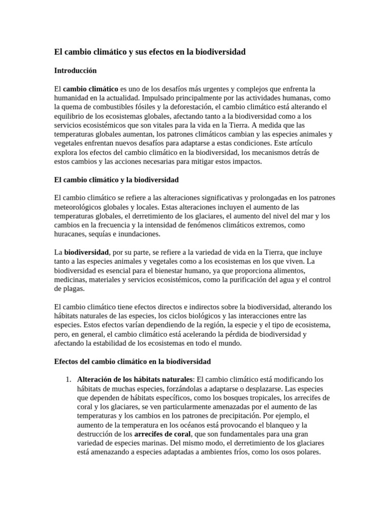 El Cambio Climático y Sus Efectos en La Biodiversidad | PDF ...