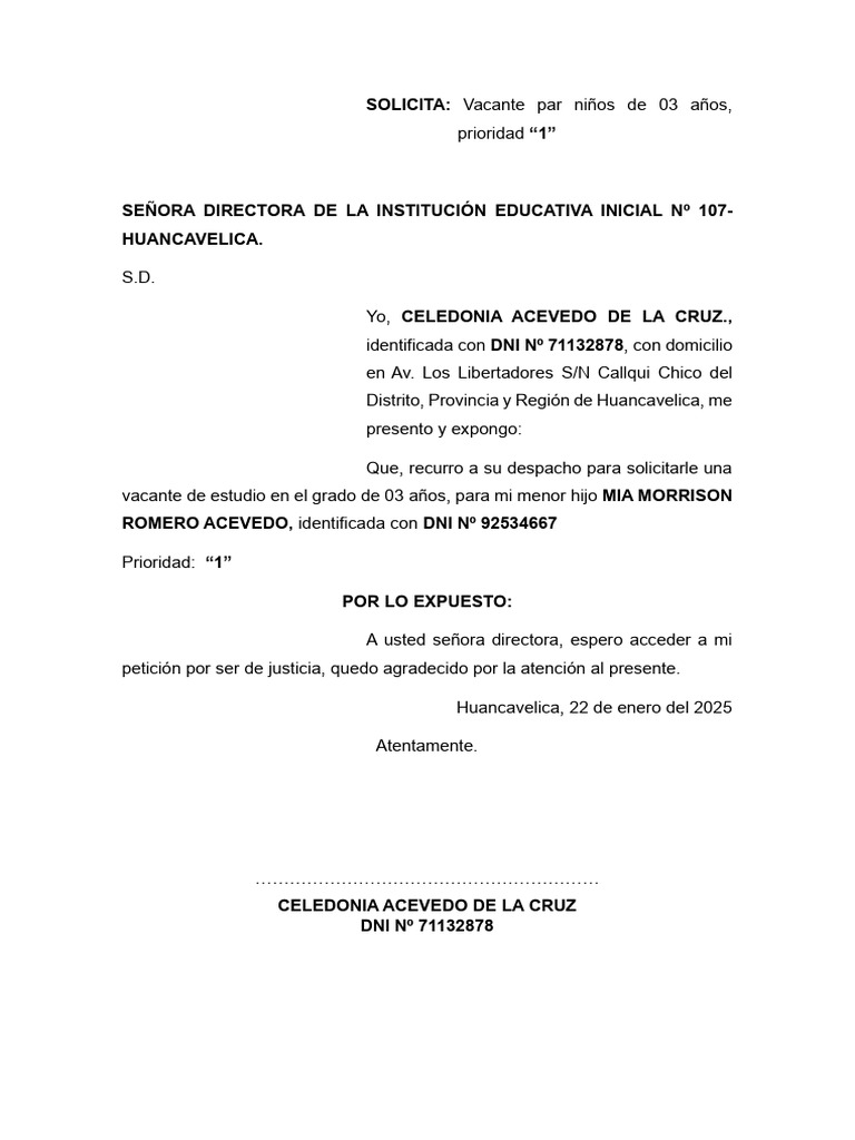 Solicitud de Vacante para Niño de 3 Años | PDF