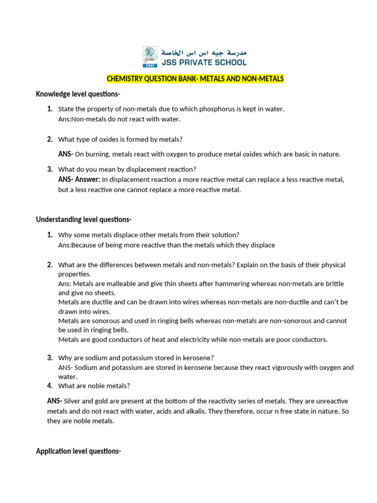 Question Bank Chemistry Grade 8 Pdf Metals Magnesium