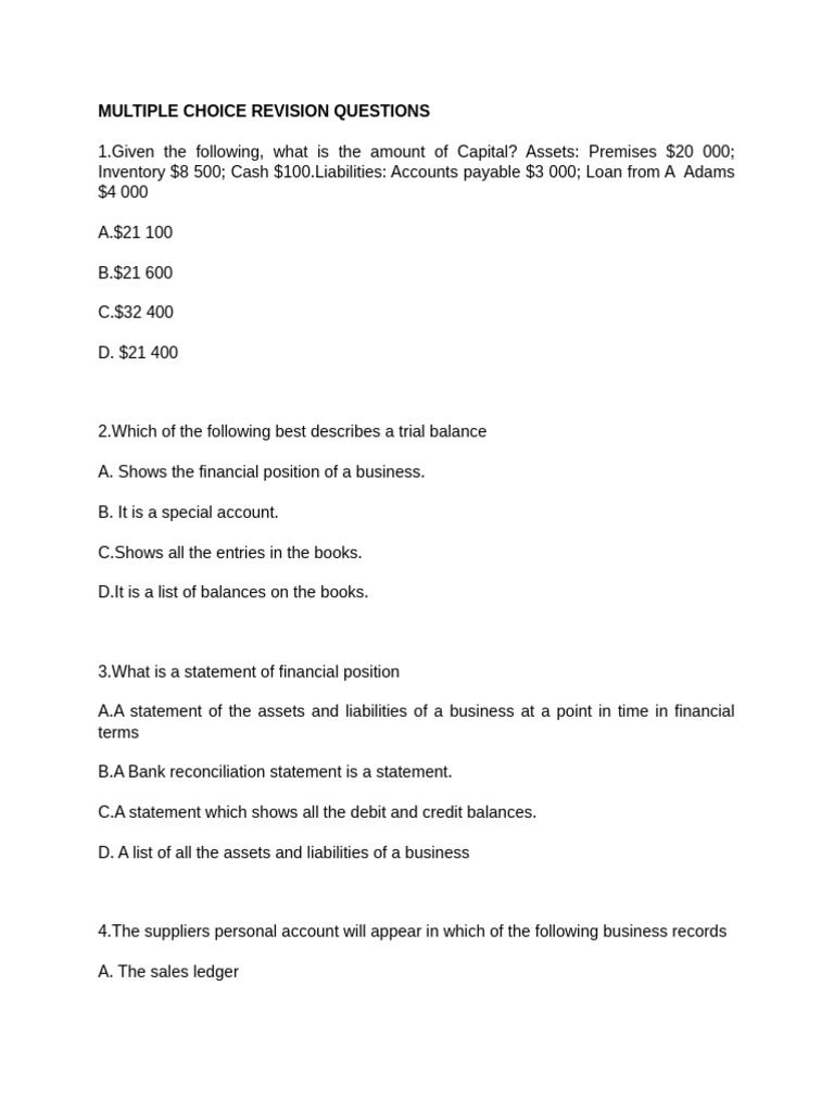 Accounting Multiple Choice Questions | PDF | Debits And Credits | Expense