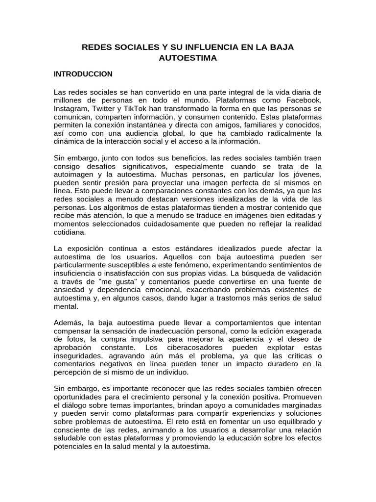 Redes Sociales y Su Influencia en La Baja Autoestima | PDF | Autoestima ...