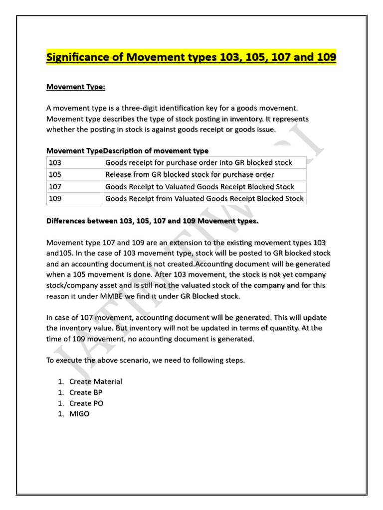 Overview of SAP Movement Types 103-109 | PDF | Receipt | Stocks