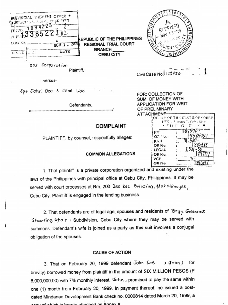 Sample Complaint Preliminary Attachment With Writ