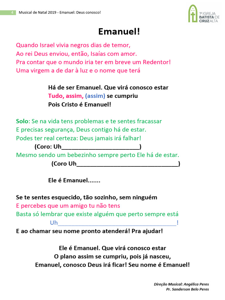Emanuel! Letra do Musical Emanuel | PDF