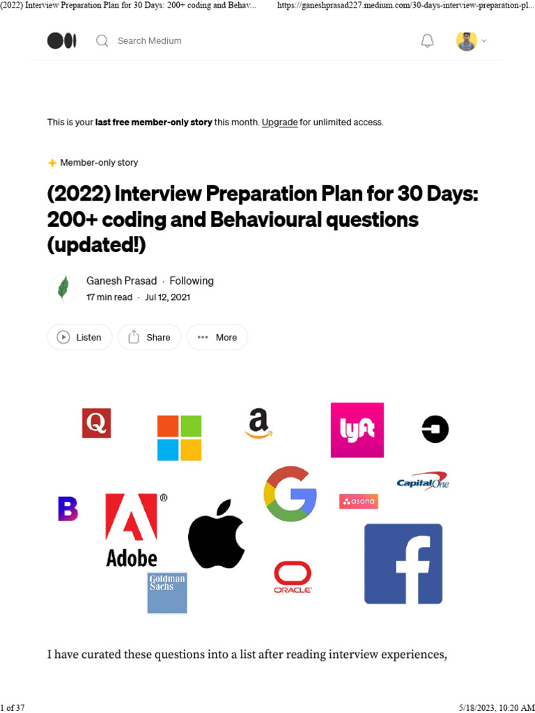 (2022) Interview Preparation Plan For 30 Days 200+ Coding and ...