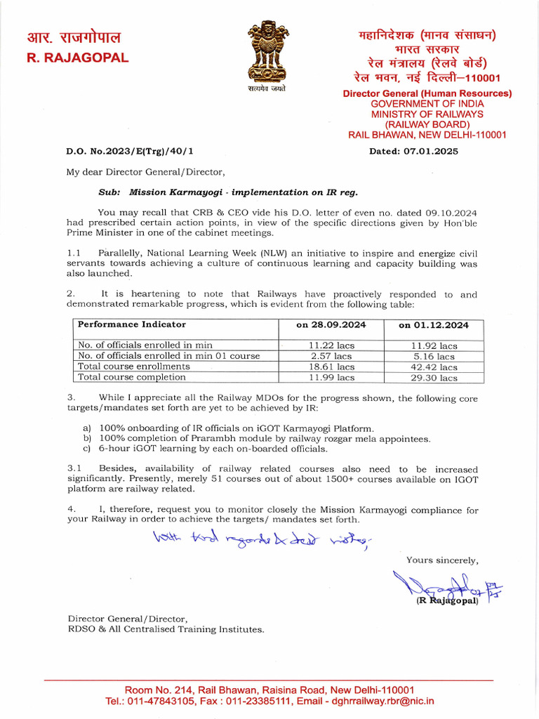 DO DG (HR) Mission Karmayogi Implementation All CTIs RDSO | PDF