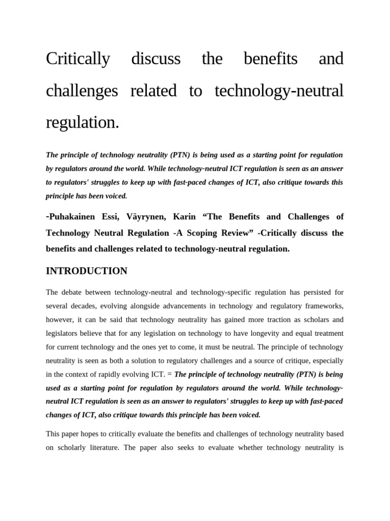 Benefits and Challenges of Tech-Neutral Regulation | PDF | Innovation ...