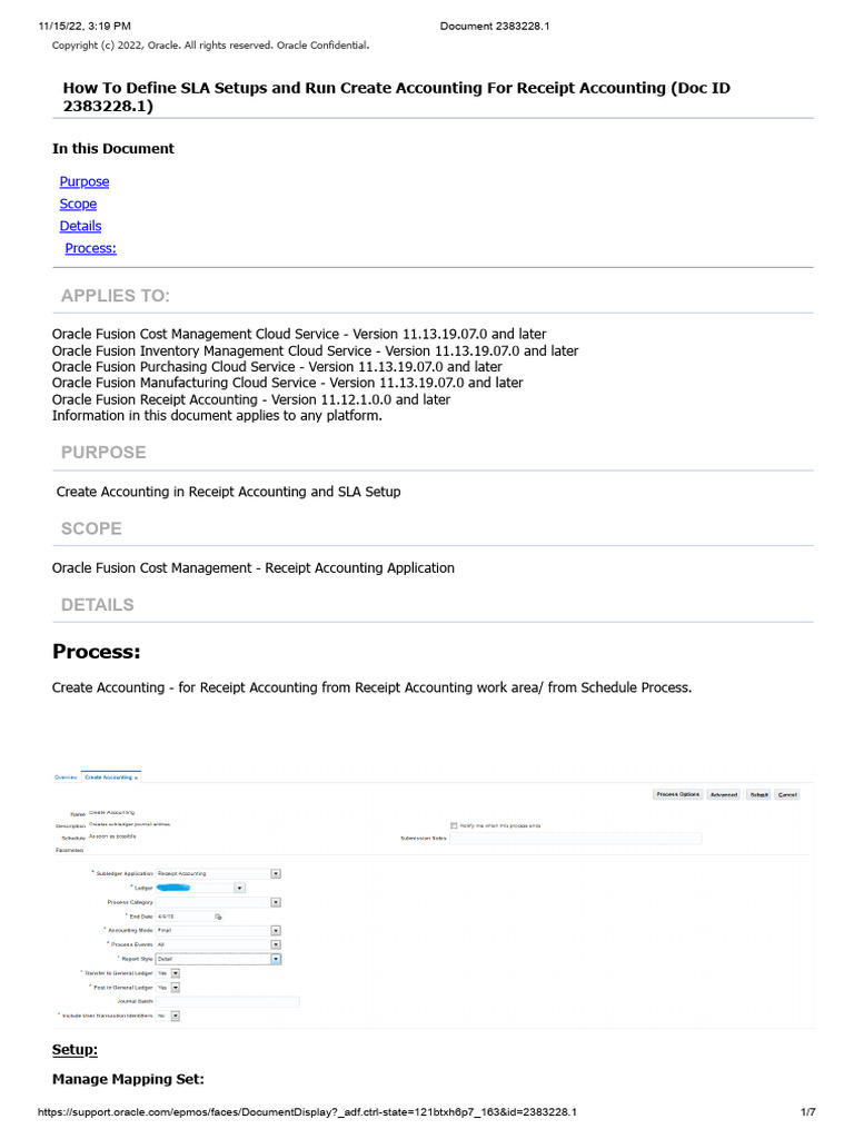 How to define sla setups and run create accounting for receipt