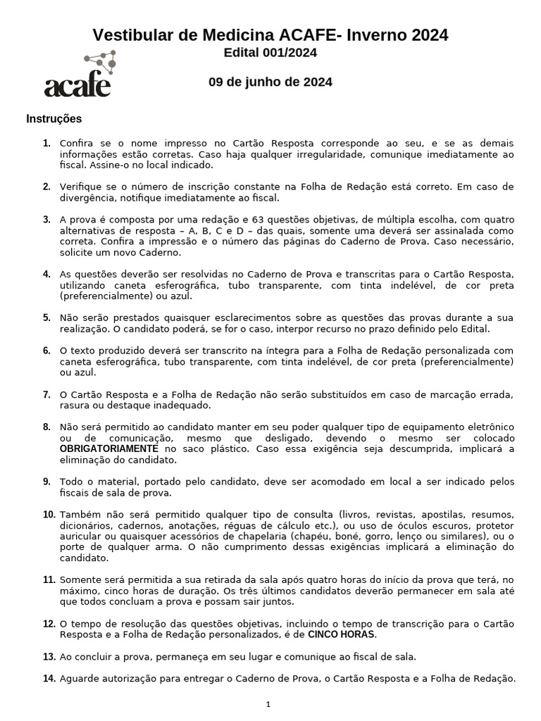 Instruções Vestibular Medicina ACAFE 2024 | PDF | Comunicação | Informação