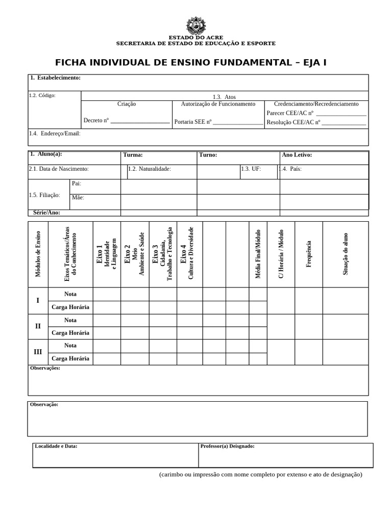 Ficha Individual de Ensino Fundamental EJA | PDF
