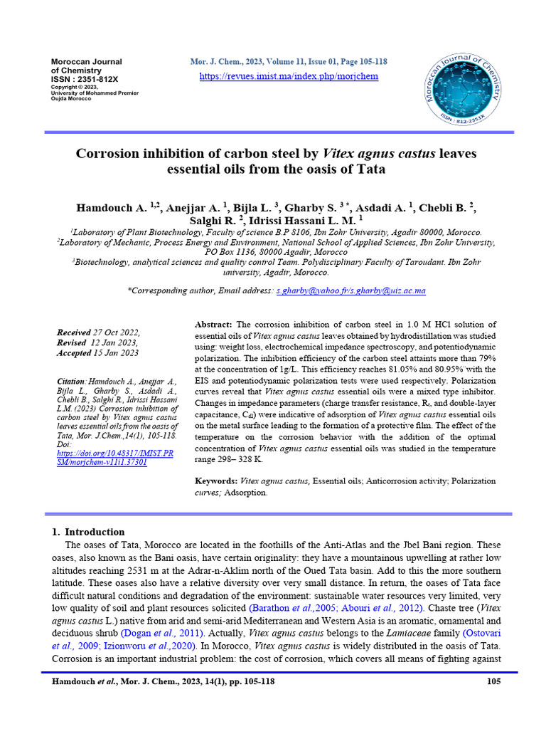 Corrosion Inhibition of Carbon Steel by Vitex Agnus Castus Leaves | PDF ...