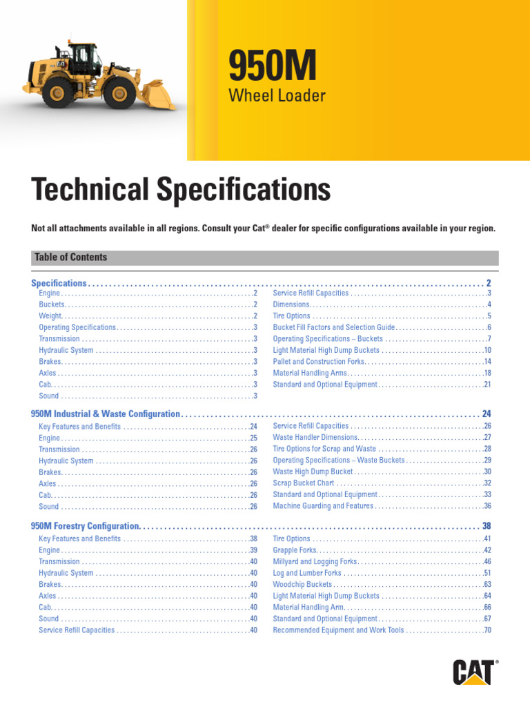950M Wheel Loader Specifications Guide | PDF | Horsepower | Decibel