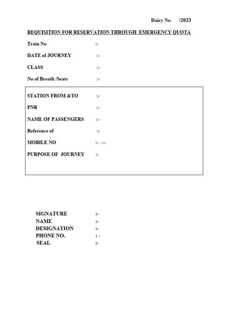 Emergency Quota Train Reservation Form | PDF