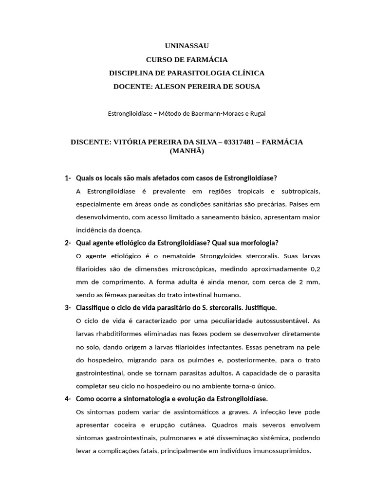 Estrongiloidíase - Método de Baermann-Moraes e Rugai | PDF | Doenças e ...