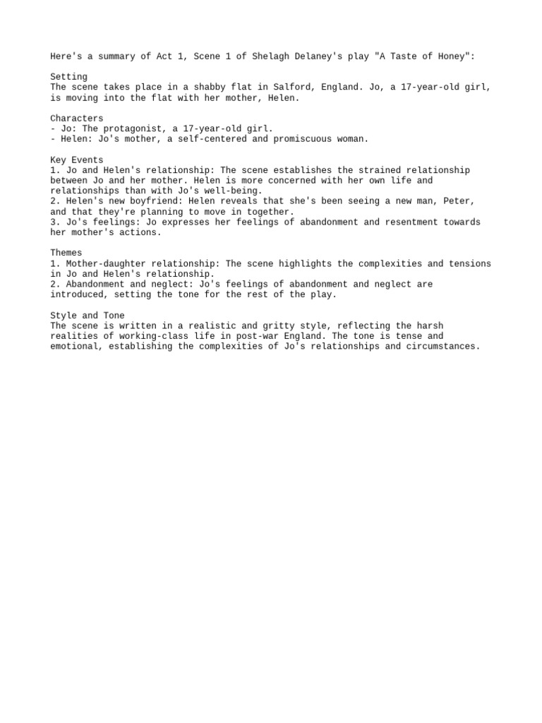 Act 1 Summary of A Taste of Honey | PDF
