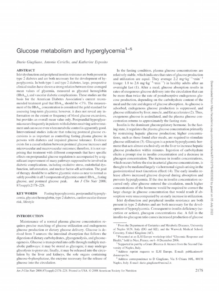 Glucose Metabolism and Gyperglycemia | PDF