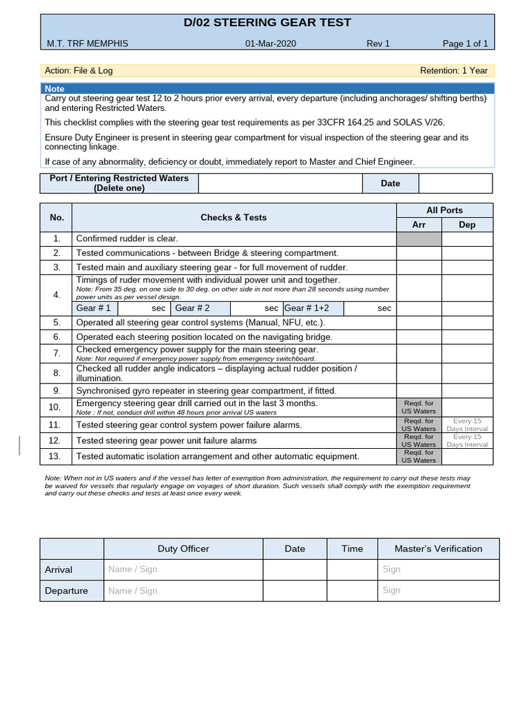Steering Gear Test Checklist 33 CFR 164.25 | PDF
