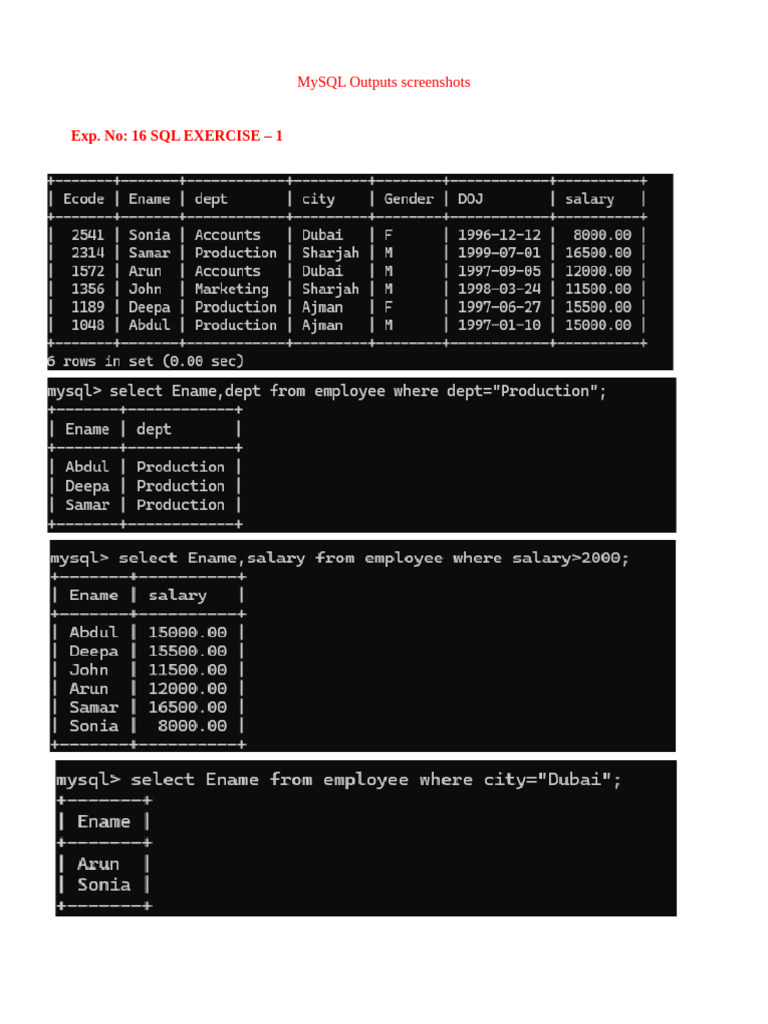 SQL EXERCISE –1,2,3 outputs | PDF