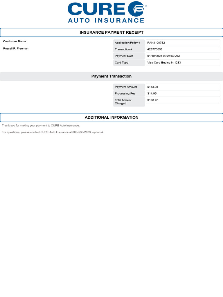 CURE Auto Insurance Payment Receipt | PDF