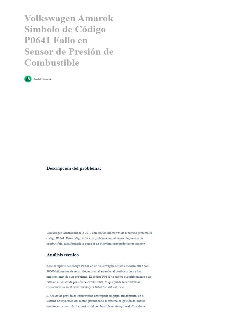 Volkswagen Amarok Símbolo de Código P0641 Fallo en Sensor de Presión de ...