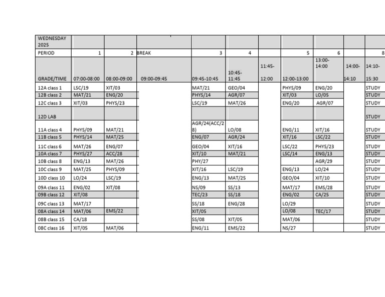Wednesday Class Schedule 2025 | PDF
