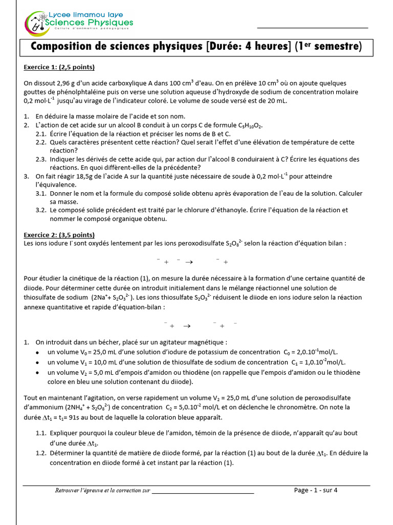 Épreuve de Physique-Chimie Terminale S1 | PDF | Hydroxyde de sodium | Acide