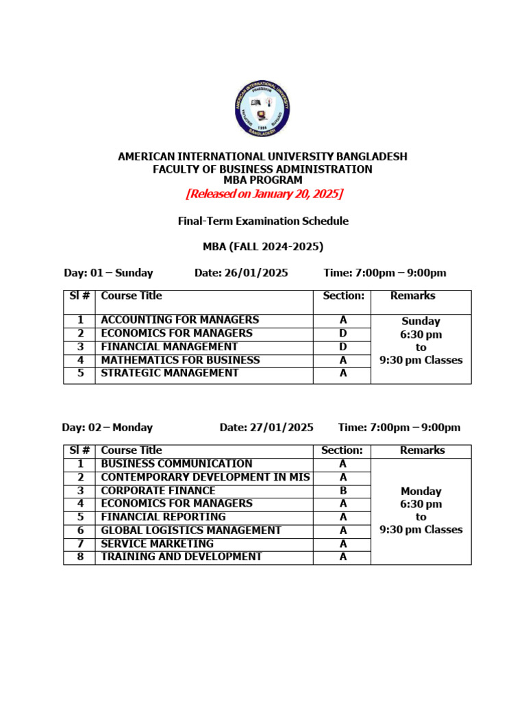MBA Final Exam Schedule 2025 | PDF | Master Of Business Administration ...