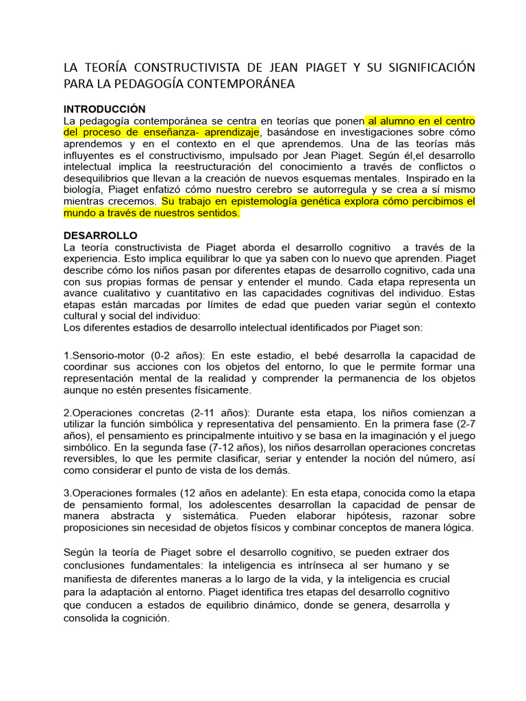 Teoría Constructivista de Piaget en Educación | PDF | Pensamiento ...