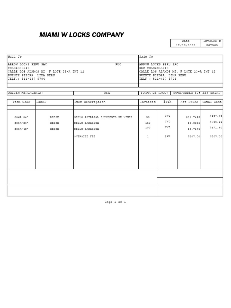 Invoice for Miami Locks Company | PDF