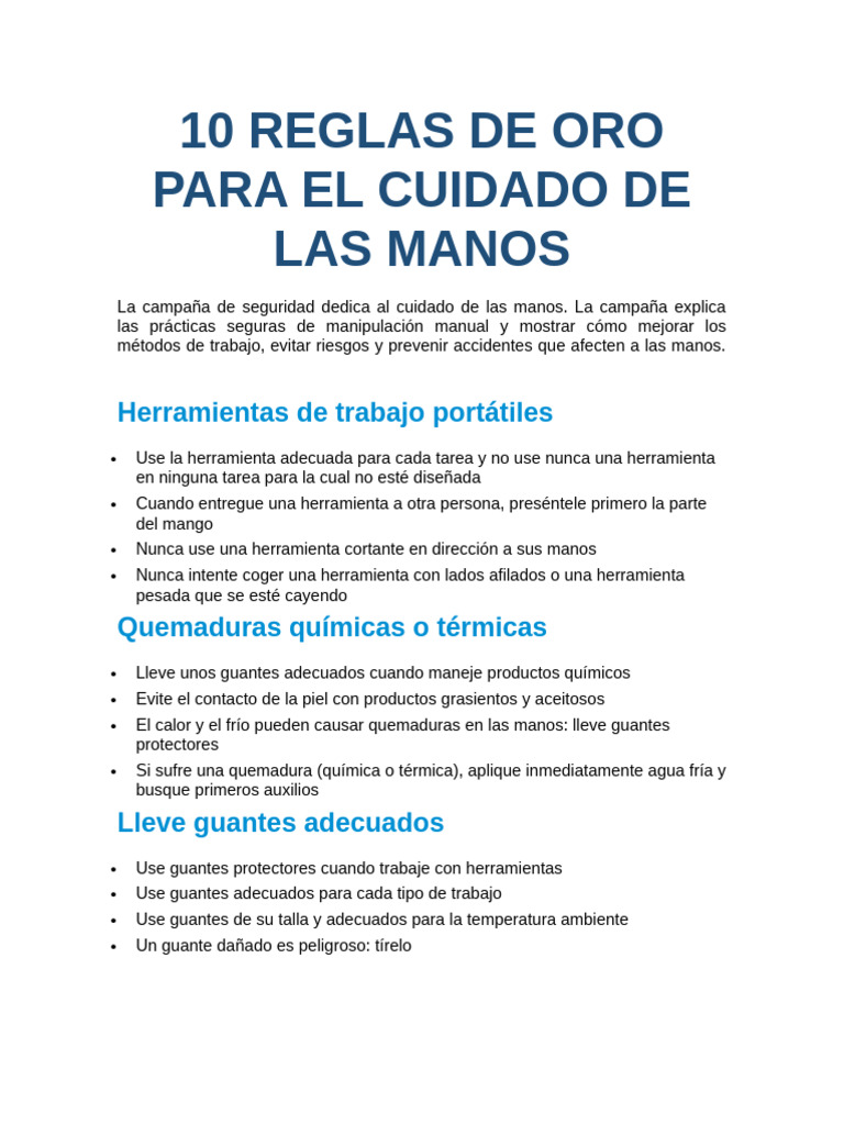 10 Reglas de Oro para Cuidar Manos | PDF | Guante | Quemar